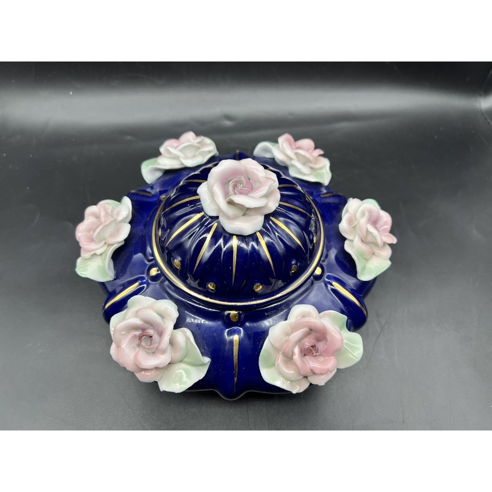 Gorgeous Vintage Porcelain Covered Lidded Dish Bowl Cobalt Blue Pink Rose 5"Tall